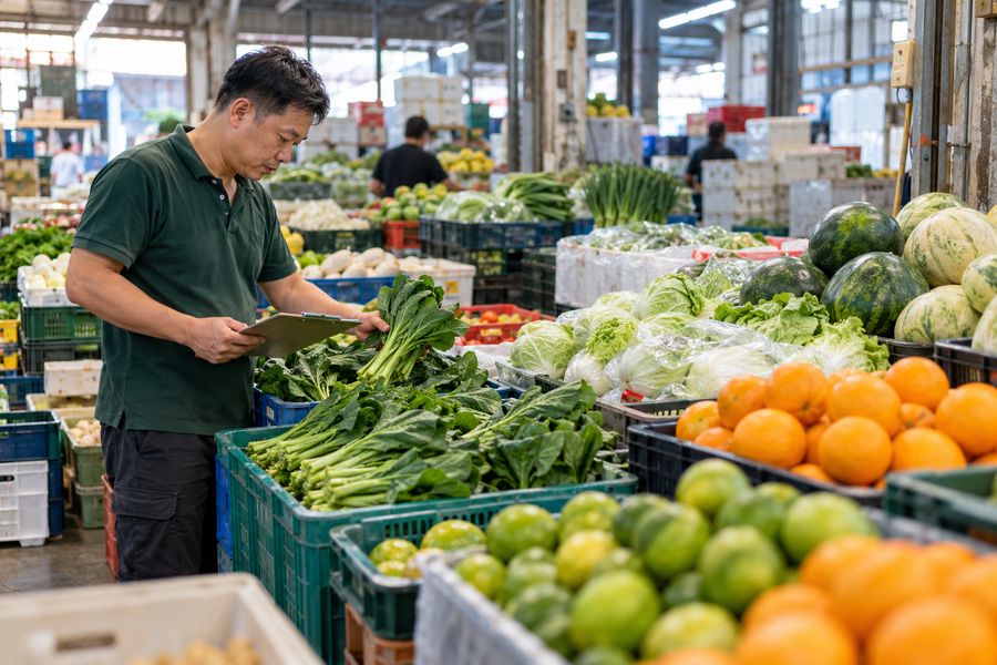 Checking a crate of kailan at a fresh produce wholesale stall