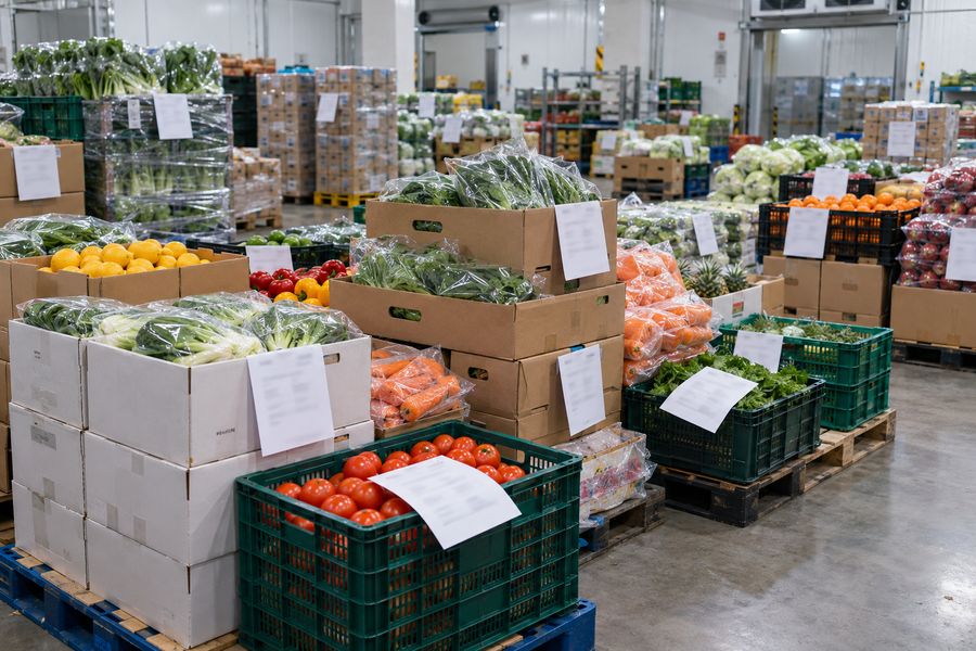 Cartons and crates of produce packed for dispatch