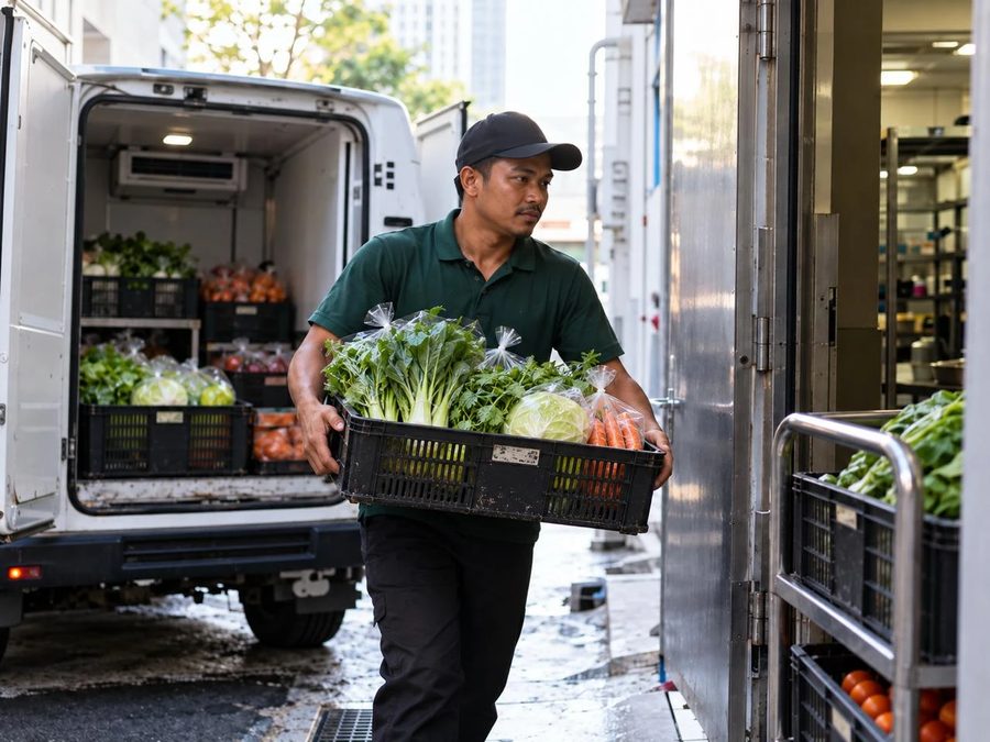 A delivery driver carrying a crate of packed vegetables from a refrigerated van to a kitchen