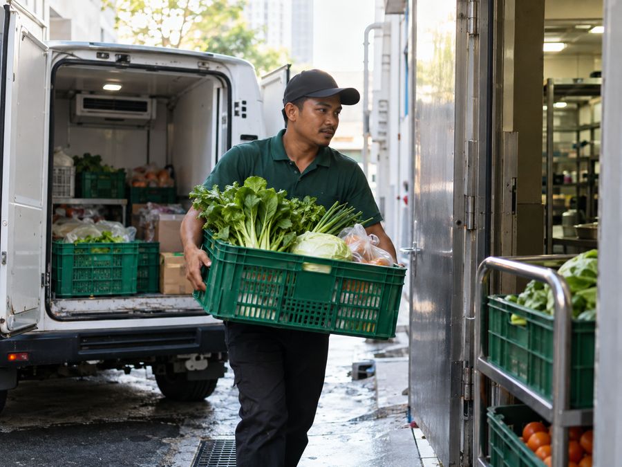 A delivery man carrying a crate of vegetables from a refrigerated van