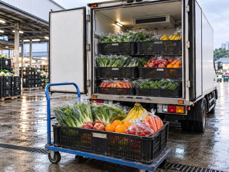 Crates of packed produce loaded into a refrigerated truck at the market