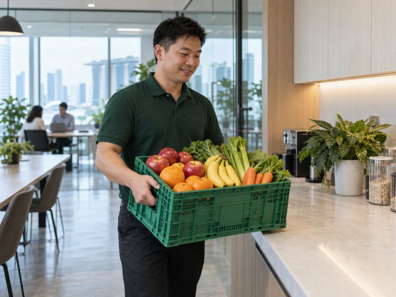 A delivery man carrying a crate of fresh fruit and vegetables into an office pantry
