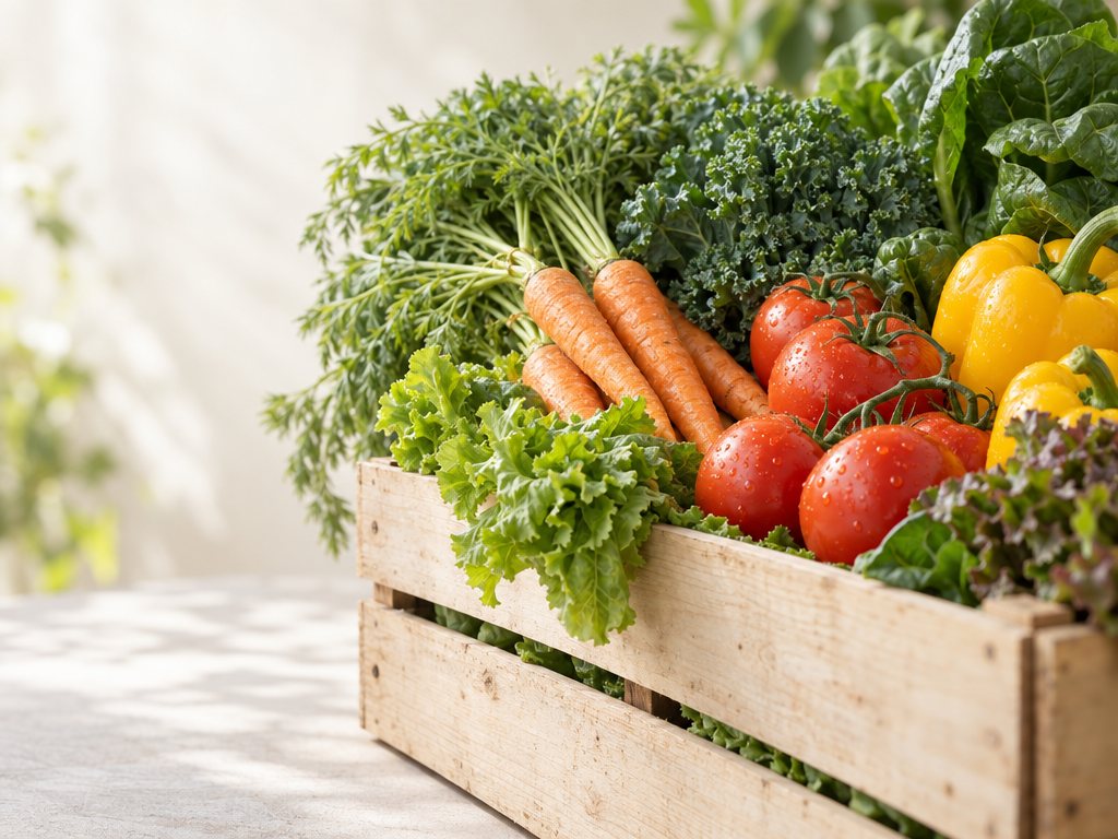 A wooden crate of fresh carrots, kale, lettuce, tomatoes and yellow peppers