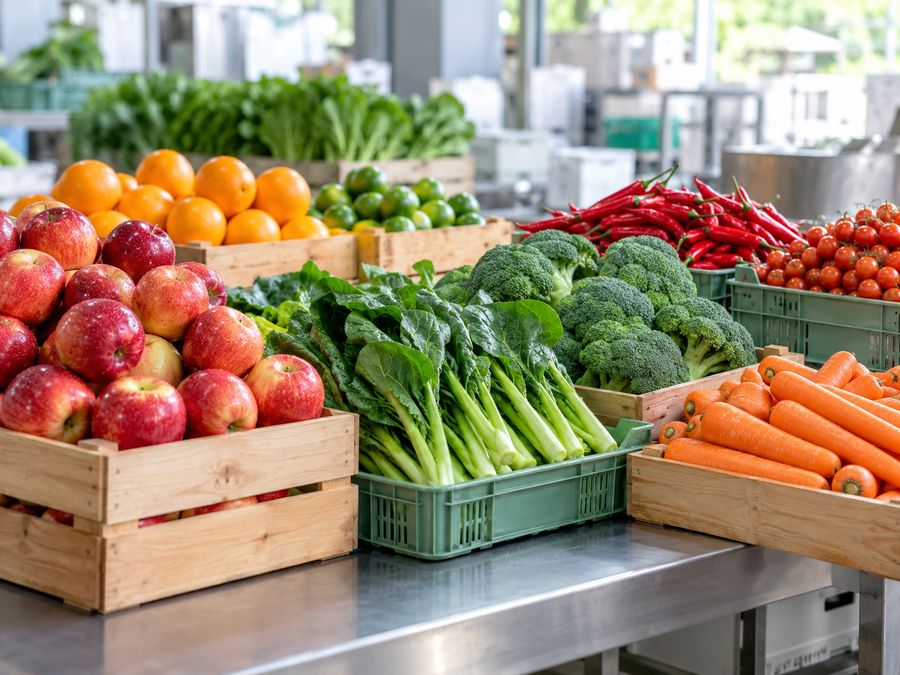 Crates of fresh apples, oranges, limes, kailan, broccoli, chillies and carrots on a steel bench