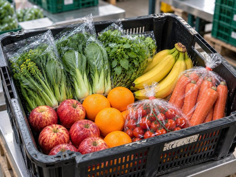 One mixed order packed in a crate: greens and carrots in clear bags with apples, oranges, bananas and cherry tomatoes