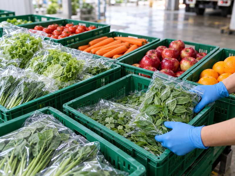 Leafy greens and basil sealed in clear bags, with fruit and vegetables packed snugly in crates