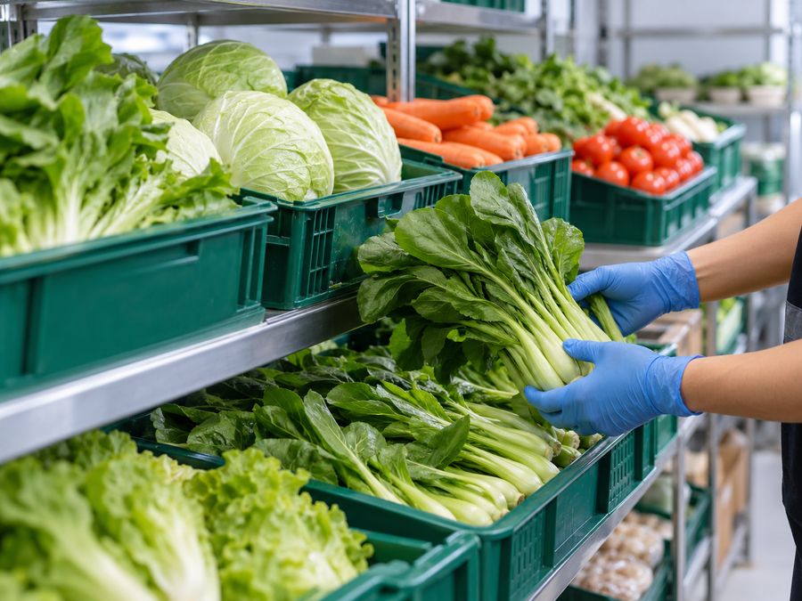 Gloved hands lifting choy sum from a crate of fresh greens