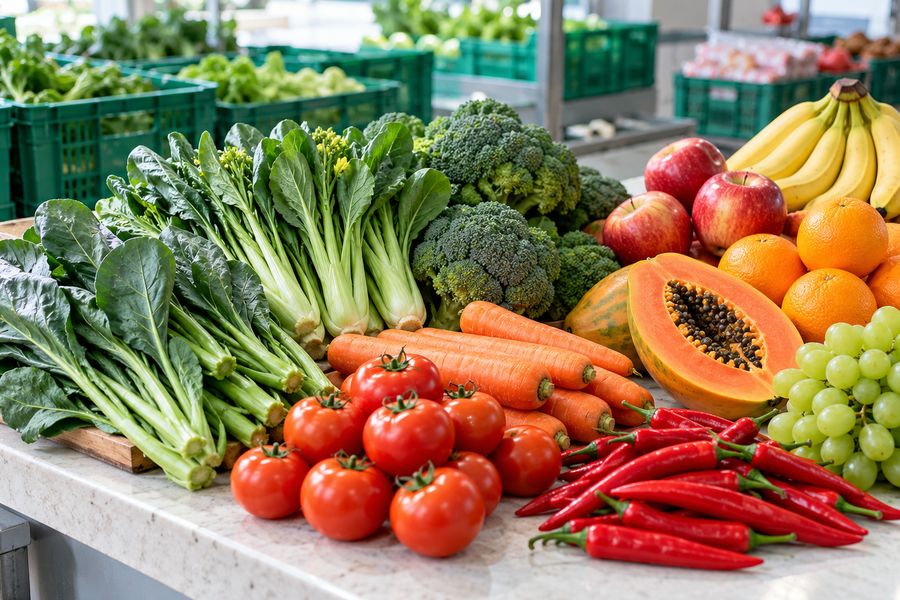 Fresh fruit and vegetables together on a stone counter