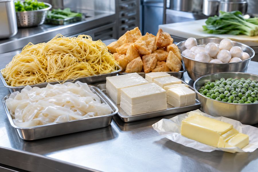 Fresh noodles, tofu, fish balls, butter and frozen peas on a steel counter