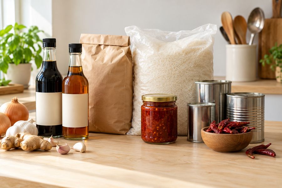 Soy sauce, sesame oil, rice, flour and canned goods