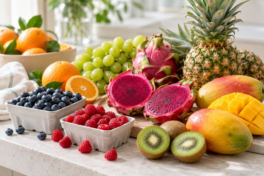 Berries, dragon fruit, mangoes, oranges, kiwi and grapes on a stone counter
