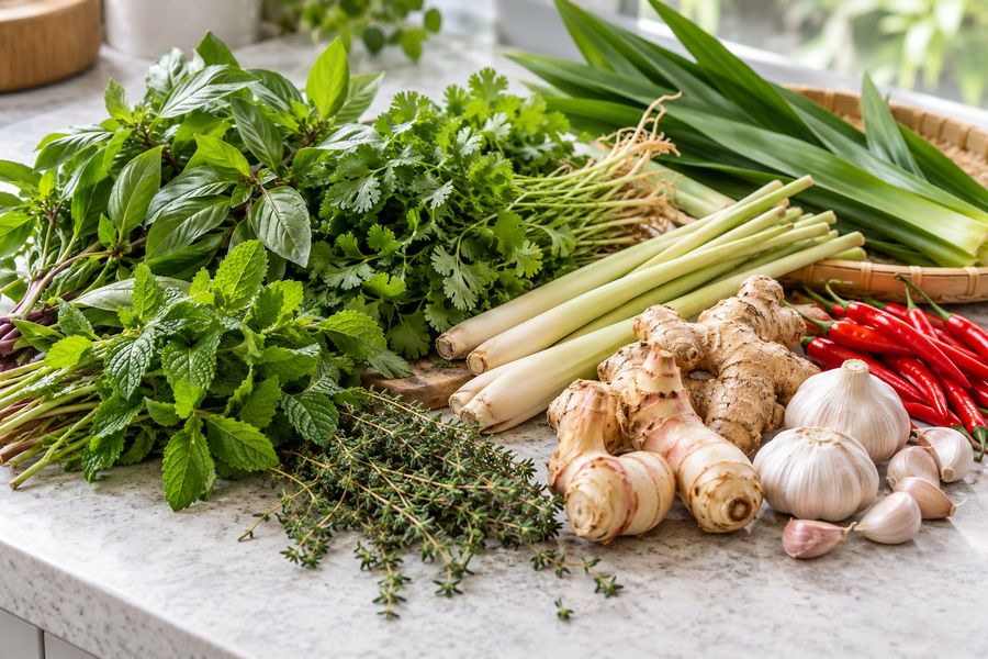 Basil, mint, coriander, lemongrass, pandan, ginger, garlic and chillies
