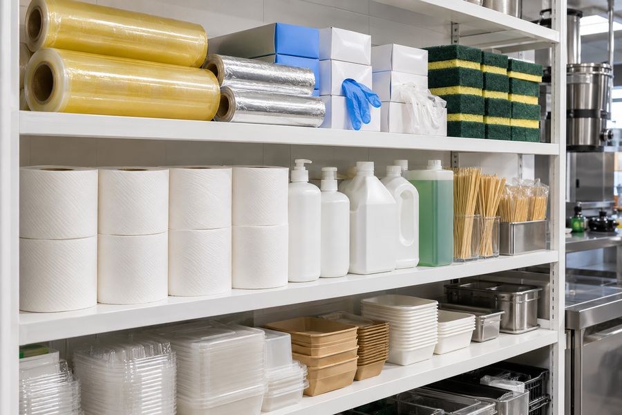 Cling film, foil, gloves, sponges and paper towel on kitchen shelving