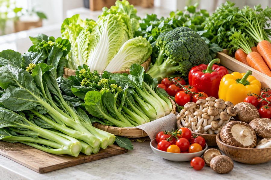 Kailan, choy sum, cabbage, broccoli, carrots, mushrooms, peppers and tomatoes