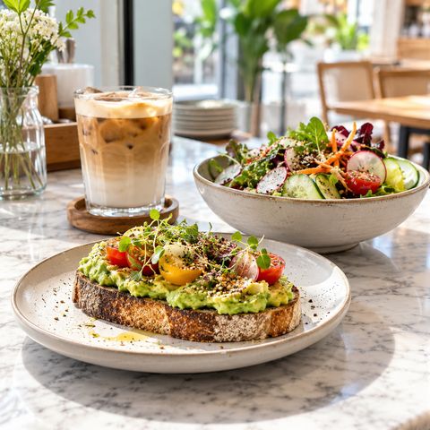 Avocado toast, salad and iced latte on a café counter