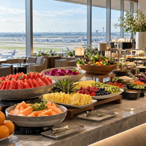 Fresh fruit platters at an airport lounge buffet