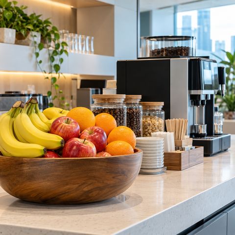 A bowl of fresh fruit in a modern office pantry