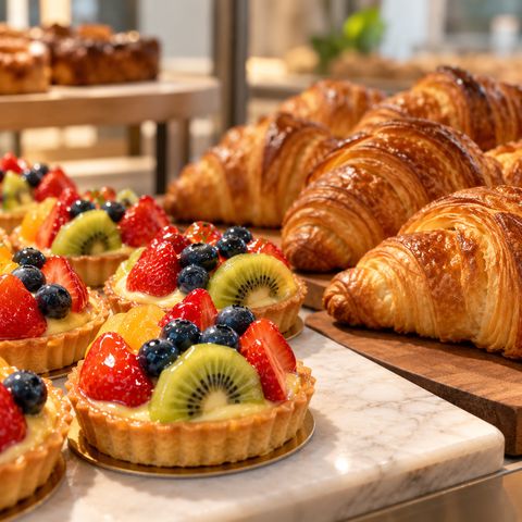 Fruit tarts and croissants on a bakery bench