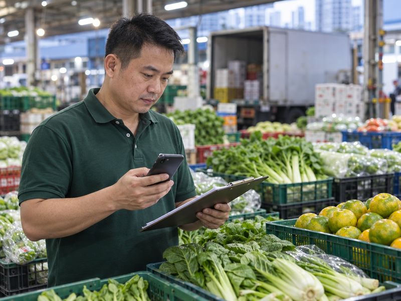 A stall owner reading a new customer order on his phone beside crates of greens