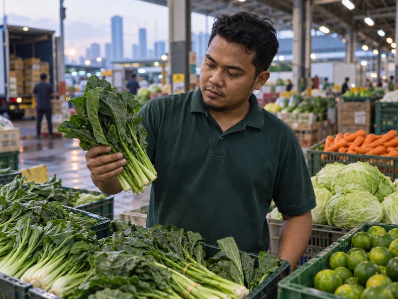 Choosing a bunch of fresh kailan at a wholesale produce market at dawn