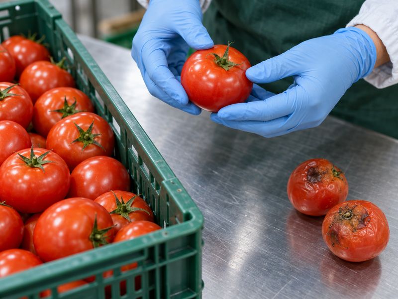 Gloved hands checking tomatoes, with bruised ones set aside