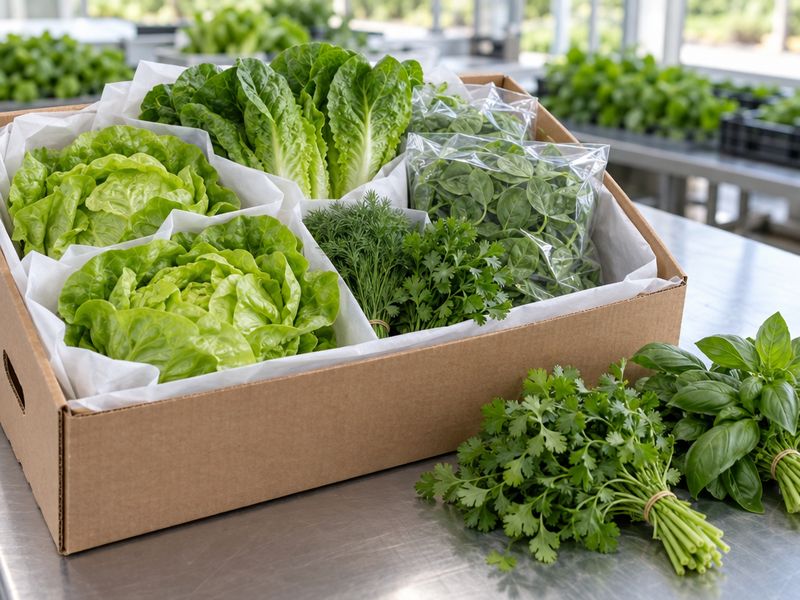 Lettuce, spinach and herbs packed upright in a paper-lined carton
