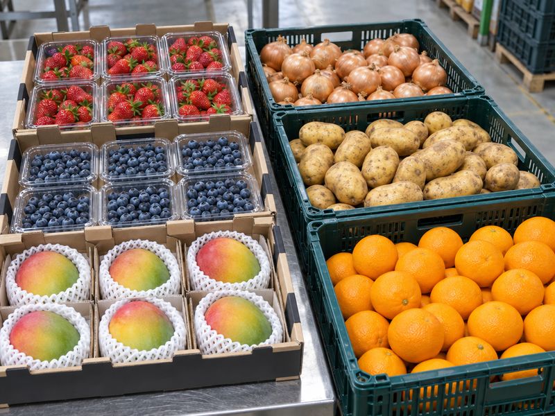 Berries and mangoes in cushioned trays beside onions and oranges in open crates