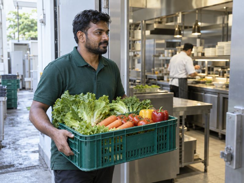 A delivery man carrying a crate of vegetables into a restaurant kitchen