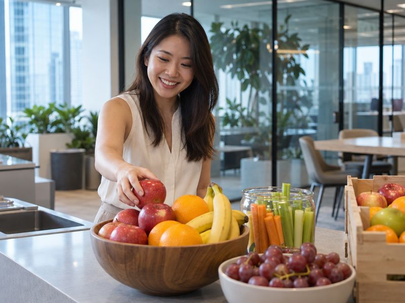 An office pantry stocked with apples, oranges and carrot and celery sticks for staff