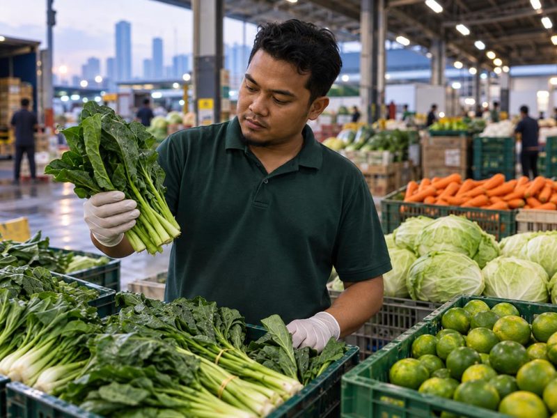 A team member in gloves checking fresh greens at the wholesale market