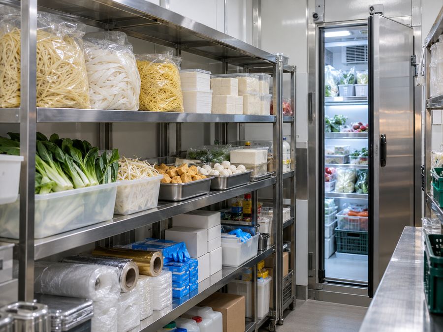 A tidy restaurant stockroom with noodles, tofu, foil, film and gloves